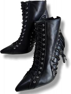 Женские ботильоны на тонком каблуке Frankie Hsu, черные, полностью эластичные, на шнуровке, средний каблук, большие размеры US4-14, стильные дизайнерские ботильоны для женщин и мужчин