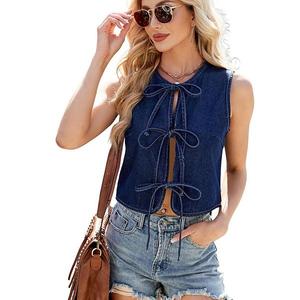 Женский топ-майка с узлом спереди и круглым вырезом без рукавов в стиле деним y2k Xuba