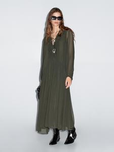 Длинное струящееся платье с оборками Massimo Dutti, темно-зеленый