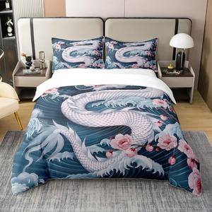Erosebridal Хлопковый комплект постельного белья Dragon в японском стиле укиёэ с цветущей сакурой и морскими волнами для детей, White Blue Pink