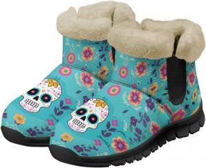 Женские зимние ботинки Jeiento Sugar Skull с цветами, пушистые, утепленные, с нескользящей подошвой, Sugar Skull Floral -Blue