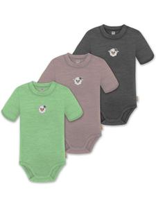 Normani Outdoor Sports Комплект из 3 унисекс комбинезонов-боди с короткими рукавами и пуговицами из мериносовой шерсти для младенцев, цвета антрацит/розовый/зеленый