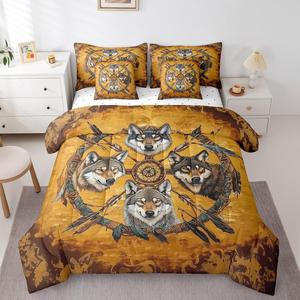 Erosebridal Комплект постельного белья Boho Wolves Bohemian Dreamcatcher с принтом диких животных в винтажном стиле, Vintage Yellow