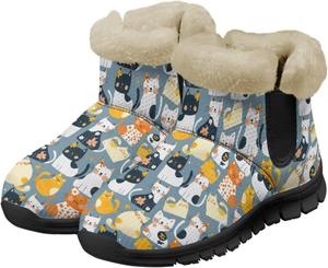 Зимние ботинки для женщин, ботильоны на щиколотку - утепленные женские ботильоны для снега, слипоны, прогулочные утепленные ботинки Tomeusey, Cartoon Cat