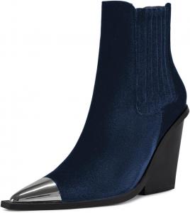 Женские металлические ботильоны FOWT с заостренным носком, эластичные, на высоком каблуке, модные повседневные ботинки челси, размеры 4-16 US, Deep Blue