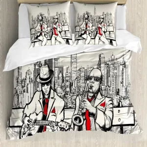 Пододеяльник ABAKUHAUS Music, Beats in New York Night, с защитой от клещей, подходит для аллергиков, с наволочками, 155 см x 220 см - 80 x 80 см, красный, черный, экрю Abakuhaus