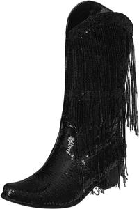 Женские сапоги до середины икры, модный новый узор, украшение пайетками и кисточками, заостренные, с толстым каблуком для женщин с широкой икрой Generic, Black