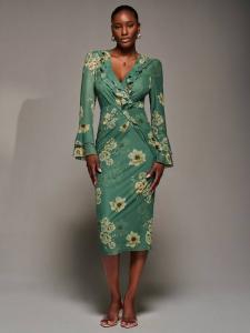 Платье с цветочным принтом, плиссированное, с оборками на рукавах Jolie Moi, Green