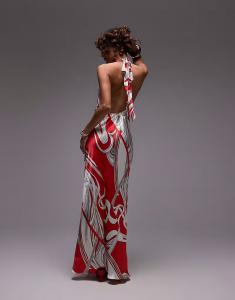 Платье макси с вырезом халтер Topshop с красным принтом в стиле бутика