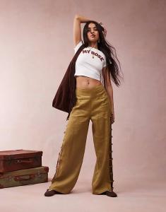 Льняные брюки VRG GRL tia с отделкой бисером в оливковом цвете