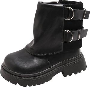 Детские модные ботинки для девочек, короткие с двойной пряжкой, стимпанк стиль, ботинки для боевых игр, осенние и зимние модные ботильоны с боковой молнией и удобной подошвой Generic, Black-B