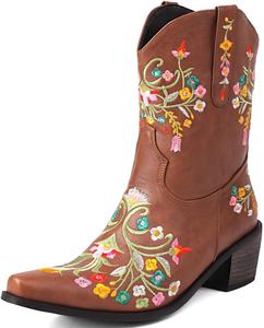 Женские ковбойские ботинки YIYA с цветочной вышивкой, ботильоны в западном стиле с цветочным узором, заостренным носком, на устойчивом каблуке, без застежки, Brown