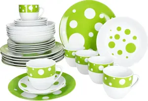 Набор столовых приборов Pula Green из 30 предметов с узором в горошек, чашки и тарелки MamboCat