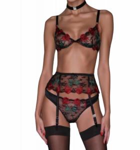 Fleur Du Mal Трусики-стринги с вышивкой «Кровоточащая роза» черного цвета