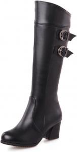 Женские высокие сапоги до колена с массивным каблуком, кожаные сапоги с модной пряжкой и боевые сапоги для девушек Zzalalana, Black