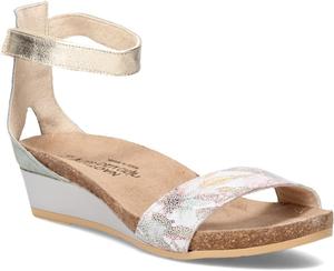 Женские сандалии NAOT Pixie на танкетке с пробковой стелькой и поддержкой свода стопы - регулируемый ремешок на щиколотке - комфорт и поддержка - легкие и идеальны для путешествий - узкая и средняя посадка, Floral Lthr/Teal Linen Lthr/Radiant Gold Lthr