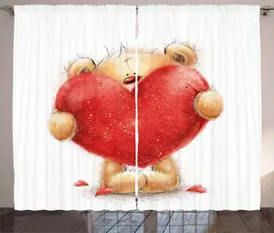 Штора ABAKUHAUS "Медведь в деревенском стиле", романтический талисман, красное сердце, присборенная штора для спальни с петлями и крючками, 280 x 225 см, песочно-коричнево-красный Abakuhaus
