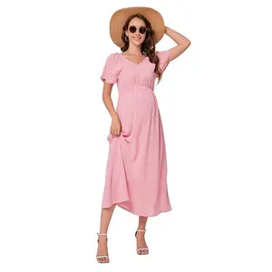 Платье для беременных с рукавами-фонариками и завышенной талией в горошек Seoria, Pink