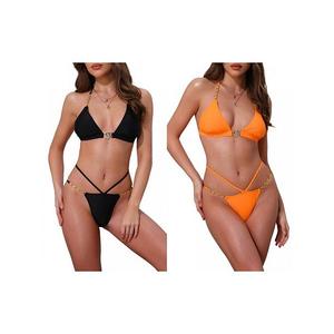 2 комплекта женского бикини с сердечками и стразами, топ-галтер и треугольные трусики Inspire Chic, Black Orange