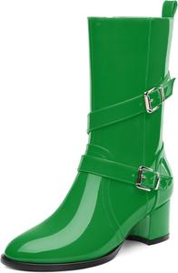 Женские сапоги до середины икры, низкий каблук, боковая молния, ботильоны до икры для женщин, круглый носок, модная лодыжка с ремешком и пряжкой RLYGHWAO, Green Patent