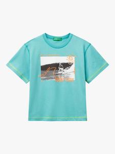 Детская хлопковая футболка с принтом Surf Day Benetton, Teal Green