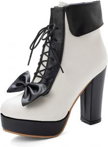 Женская мода Ботильоны на высокой платформе с толстой подошвой и шнуровкой Бантик Лолита Короткие сапожки LYYSKY, Black