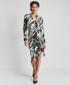 Женское платье-футляр с длинными рукавами, асимметричным узлом и пуговицами спереди DKNY, Black/Ivory