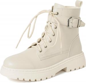 Женские кожаные массивные ботильоны на платформе с боковой молнией, зимние теплые с платформенной подошвой, круглым носом, низким каблуком, противоскользящие, с ремешком и пряжкой AEGNONGL, White Velvet
