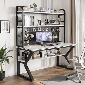 Компьютерный стол Xinmeikai с полкой и перфорированной панелью, черная рама + белый в полоску, 160x60x170 см