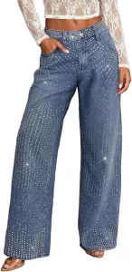 Женские джинсы с пайетками High Waisted Straight Wide Leg
