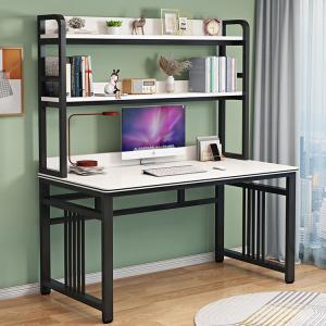 Стол компьютерный 100x60 см с полкой, черная рама + белый полосатый