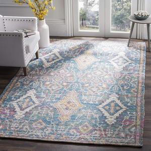 Ковер SAFAVIEH, 92 x 153 см, Saffron Collection, Turquoise & Peach, ручной работы, бохо-шик, потертый хлопок, идеально для помещений с высокой проходимостью: прихожая, гостиная, спальня (SFN564A)