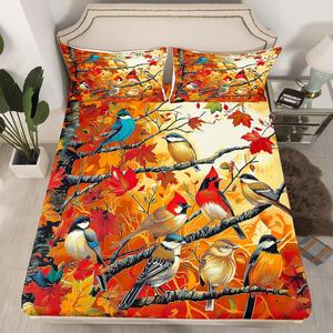 Erosebridal Комплект постельного белья Happy Fall Autumn с водяным принтом кленовых листьев и птиц, Red