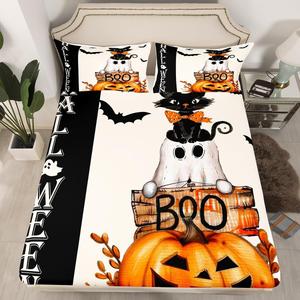 Erosebridal Комплект постельного белья Happy Halloween с принтом черных котов, тыкв, летучих мышей и пауков, детский дизайн, Black Orange