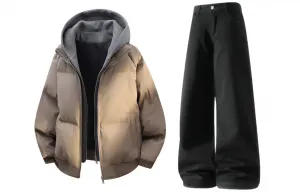 Толстовка Casual Sportswear утепленная с флисовой подкладкой X1617, серый puffer jacket+черный fleece-lined pants