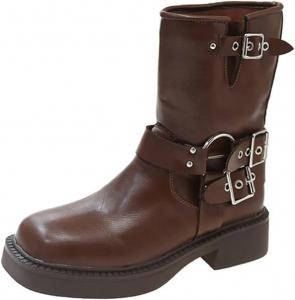 Женские сапоги до середины икры с круглым носком, мотоциклетные сапоги на толстом каблуке с декоративным ремешком, вестерн стиль Lanverth, Brown