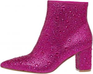 Женские кристальные ботильоны FSJ, заостренный носок, низкий массивный каблук, короткие ботинки с боковой молнией, удобные, блестящие, праздничные туфли, размер 4-15 US, Pink Crystal