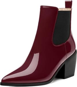 Женские ботильоны FEMSTEP Челси с эластичной вставкой, заостренным носком и высоким устойчивым каблуком, удобные лакированные ботинки на осень для вечеринок, шопинга и свиданий, Burgundy