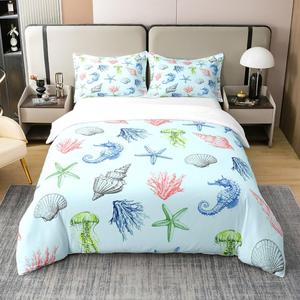 Erosebridal Комплект постельного белья Sealife из 100% хлопка с морским принтом морских коньков и кораллов, Blue Pink Green