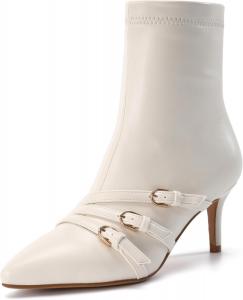 Женские сапоги до колена с ремешками и пряжками, туфли на шпильке, с острым носком, боковой молнией, из мягкой искусственной кожи, сексуальные длинные сапоги и ботильоны Feetquake, Off White Pu
