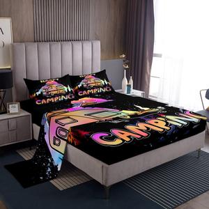 Erosebridal Комплект постельного белья Happy Camping с дизайном в тематике кемпинга и яркими деревьями на черном фоне, Multi 29