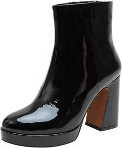 Женские глянцевые ботильоны с круглым закрытым носком, боковой молнией, высоким массивным каблуком и платформой, повседневные, для вечеринок и платьев, размер 4-16 US Wo wagas, Black