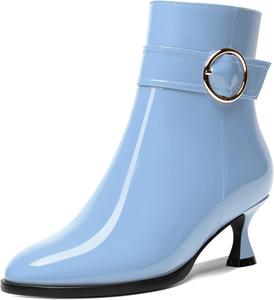 Женские ботильоны AMBELIGHT с круглым носком, ремешком на щиколотке для свиданий, лакированные, с молнией, на низком каблуке 2 дюйма, Light Blue
