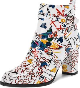 Женские ботильоны MODENCOCO осень-зима с застежкой, модные, из лакированной кожи, с круглым носком, на высоком блочном каблуке 3,5 дюйма, White Love Painting