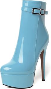 Женские ботильоны WAYDERNS для свиданий с молнией, с круглым носком, модные, лакированные, на платформе, шпилька, высокий каблук 15 см, Light Blue