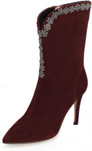 Женские винтажные сапоги Zszszsu с острым носком до середины голени, сексуальные с V-образным вырезом, на среднем каблуке-шпильке, ботильоны с цветочной отделкой, боковой молнией, подходят для платьев, осенние туфли на свидание, размер 4-16 US, Dark Red