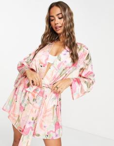 Розовый атласный мини-халат с фламинго ASOS DESIGN