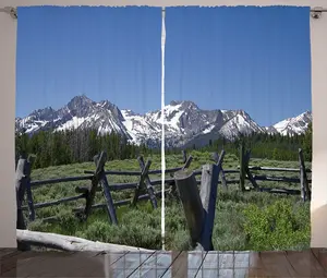 Шторы ABAKUHAUS Idaho Rustic, фото с пилообразным пейзажем, универсальные ленточные шторы для гостиной с петлями и крючками, 280 x 225 см, цвет: армейский зеленый, небесно-голубой Abakuhaus