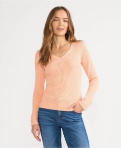 Женский свитер из тонкого хлопка с V-образным вырезом и косами, детский Lands' End, Peach sorbet