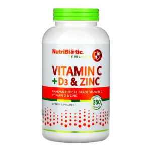 Витамин C с цинком и D3 NutriBiotic, 250 капсул
